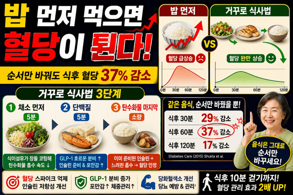 거꾸로 식사법 혈당 채소 단백질 탄수화물 순서 혈당 37% 감소