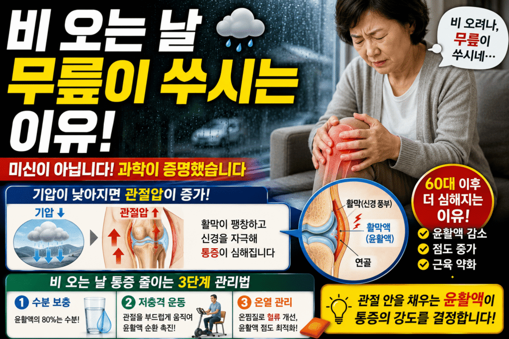 비 오면 무릎이 쑤시는 진짜 이유: 60대 관절 윤활액을 지키는 3가지 습관 비 오는 날 무릎 통증 관절 윤활액 기압 변화 60대 관절 건강