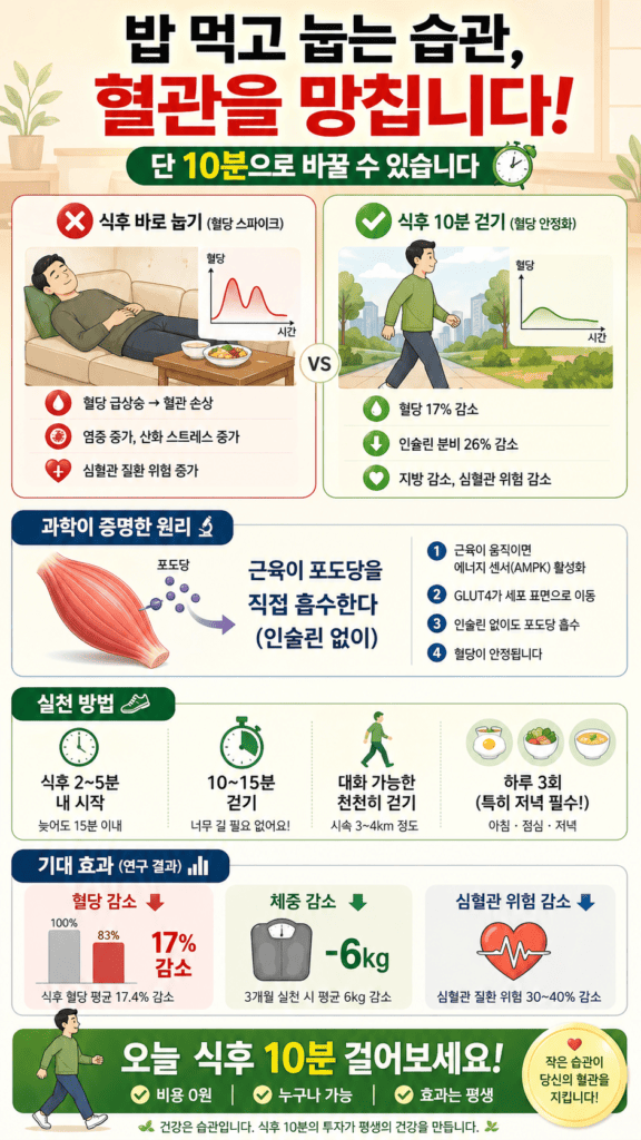식후 걷기 혈당 22% 감소 5060 골든타임 실천법