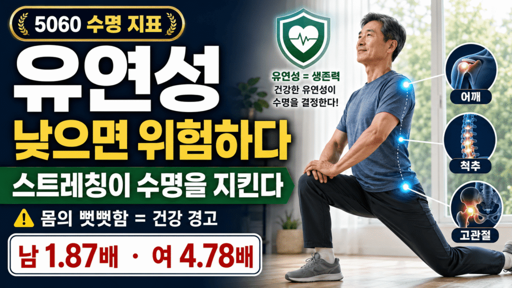 신체 유연성과 수명: 몸이 뻣뻣한 5060이 2배 일찍 사망하는 3,139명의 과학적 증거 신체 유연성 낮으면 사망 위험 남성 1.87배 여성 4.78배 5060 수명 지표 스트레칭